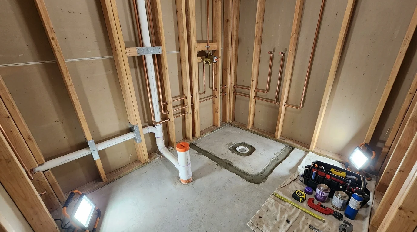 Bathroom rough-in plumbing during remodel by Johns Plumbing LLC in Bethany Beach