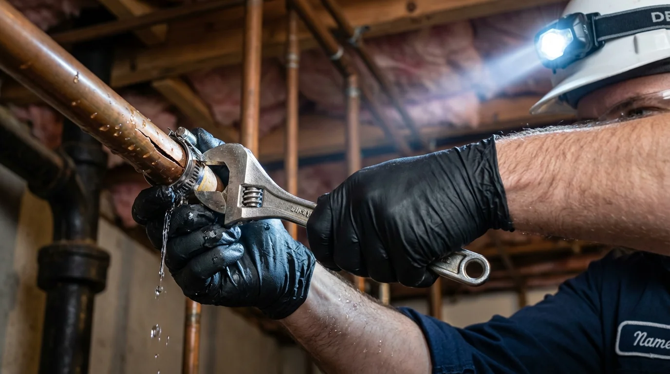 Emergency pipe clamp repair being performed by a Johns Plumbing LLC plumber in Bethany Beach