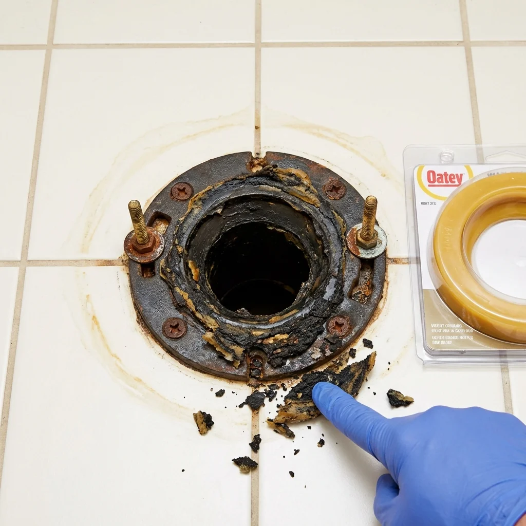 Failed wax ring showing water seepage at the base of a toilet in a Bethany Beach, DE home