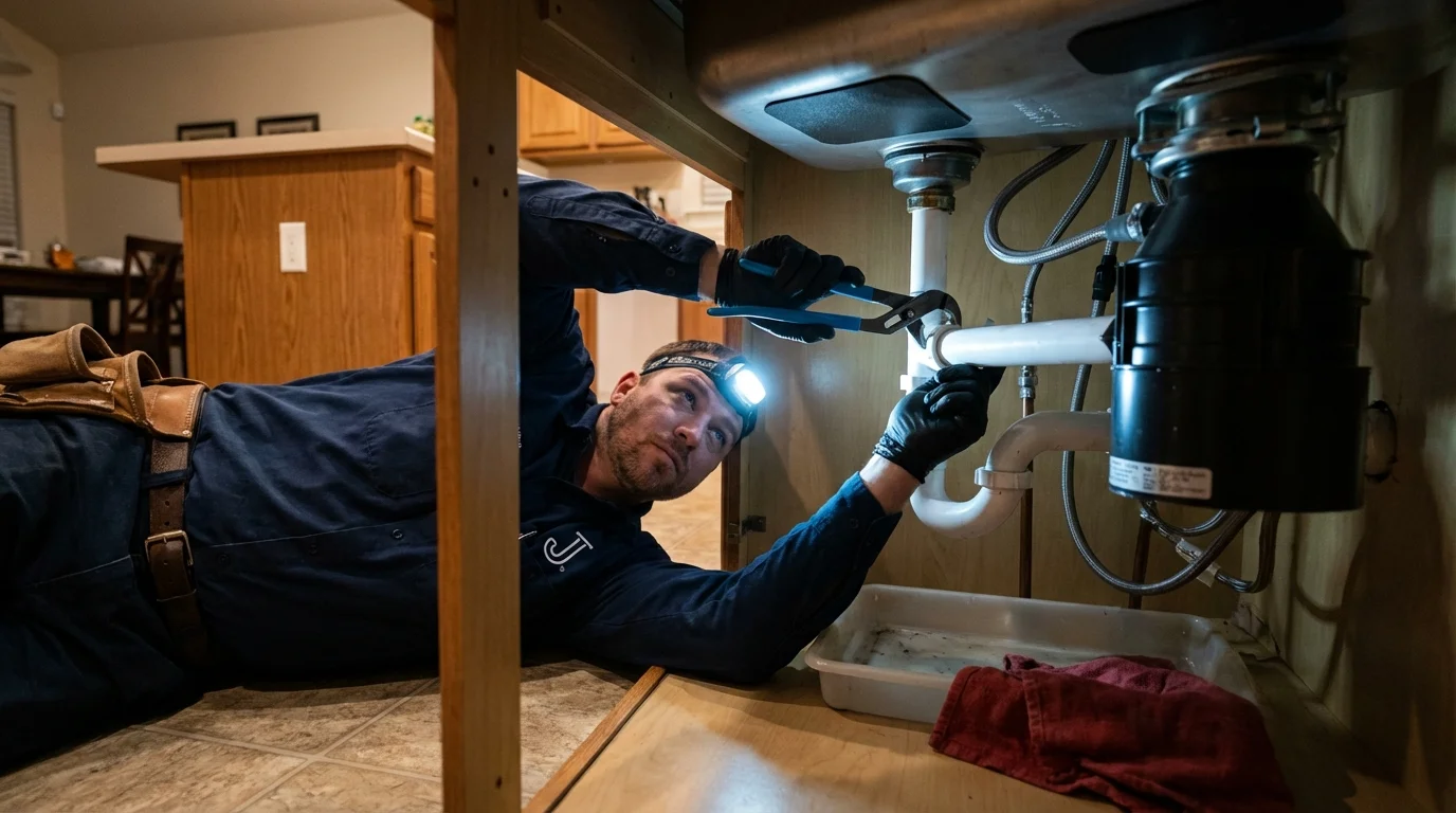 P-trap and supply line connections under a kitchen sink showing a common leak point in Bethany Beach, DE